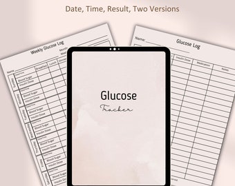 Puede incluir: Dos páginas imprimibles de registro de seguimiento de glucosa. La primera página es un registro semanal con columnas para el día de la semana, la fecha, la hora, el azúcar en sangre y la dosis de insulina. La segunda página es un registro diario con columnas para la dosis de insulina, la medicación y las notas. Ambas páginas tienen el texto "Glucose Tracker" en la parte superior.