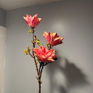 Extra large real touch magnolia branch with 3 flower heads.