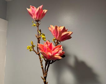 Extra large real touch magnolia branch with 3 flower heads.
