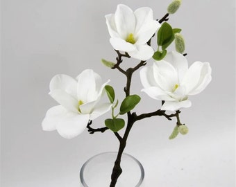 Puede incluir: Un tallo de flor de magnolia artificial blanca con tres grandes flores, hojas verdes y pequeños capullos. Las flores tienen centros amarillos y están sobre un fondo claro. El tallo es de color marrón oscuro y parece estar en un jarrón transparente.
