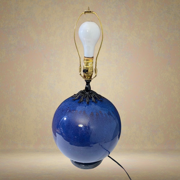 Vintage Sphere Ceramic table lamp, orb shape, blue and black