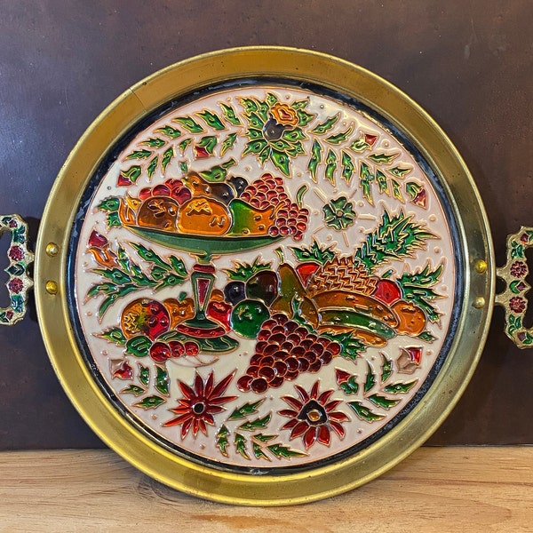 Vintage 1970s Solid Brass Tray featuring a colorful enameled raised fruit/floral motif 12x9x.75 inches