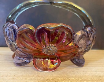 Vintage Glas-Bonbonschüssel mit Blumen-Design, lila und rosa Blumen, 5 x 3 cm