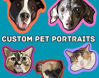 Può includere: Ritratti personalizzati di animali domestici di un cane bianco e nero, un cane marrone e bianco, un gatto tigrato e un cane marrone e bianco. I ritratti sono in stile cartone animato e sono su uno sfondo blu.
