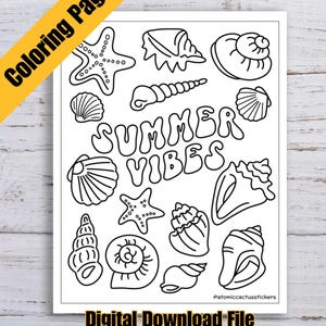 Summer Vibes Malseite | Handgezeichneter digitaler Download | Druckbare PDF | Strand-Thema zum Ausmalen für Erwachsene