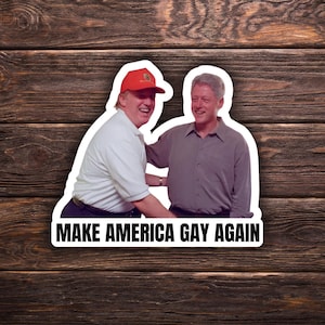 May include: A sticker featuring two men smiling and embracing. One man wears a red cap and white shirt, the other a gray shirt. The text "MAKE AMERICA GAY AGAIN" is printed in bold, black letters.
