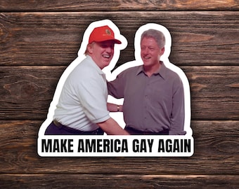 Può includere: Un adesivo con due uomini sorridenti e che si abbracciano. Uno indossa un berretto rosso e una camicia bianca, l'altro una camicia grigia. Il testo "MAKE AMERICA GAY AGAIN" è stampato in grassetto, in lettere nere.