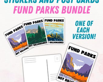 Fund Parks Not Billionaires Bundle | Sticker & Postcard Set | Anti-Capitalist Nature Art | National Parks Advocacy | Political Stationery