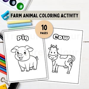 Op de afbeelding: Zwart-witte lijntekeningen om in te kleuren met een varken en een koe. De pagina's zijn getiteld "Pig" en "Cow". De tekst "10 Pages" is ook op de pagina opgenomen.