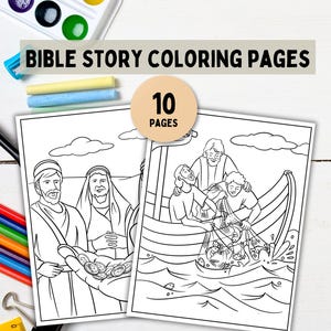 Puede incluir: Páginas para colorear en blanco y negro con historias bíblicas. Las páginas representan a Jesús con sus discípulos. El título del conjunto es "Bible Story Coloring Pages" y hay un círculo con el texto "10 Pages".