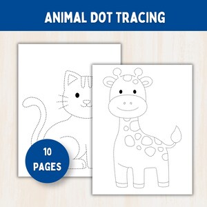 May include: Animal dot tracing activity sheets featuring a cat and a giraffe outline created with dotted lines. The set includes 10 pages of printable worksheets with black and white illustrations on a white background for tracing practice.