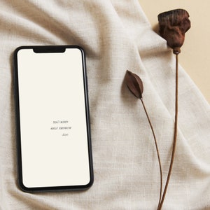 May include: A black smartphone with a white screen displaying the text "Don't worry about tomorrow - Jesus". The phone is lying on a beige fabric surface with two dried seed pods.