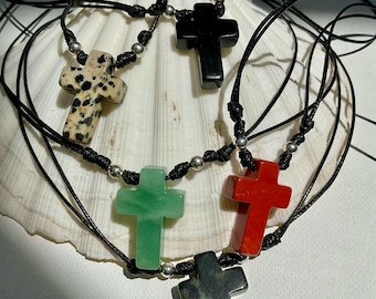 Natural Stone Crosses. Ajustable Length Necklace.