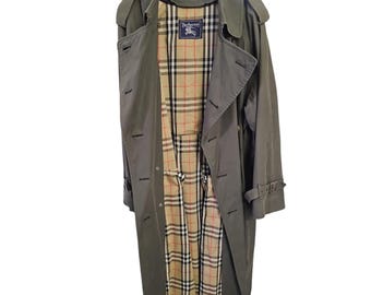 Vintage 90s Burberrys Trench Coat Men 42R Olive Green Nova Check