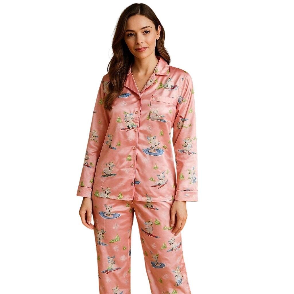 Nick & Nora Pajama Set Ski Bunny Print Sleepwear Loungewear Pink