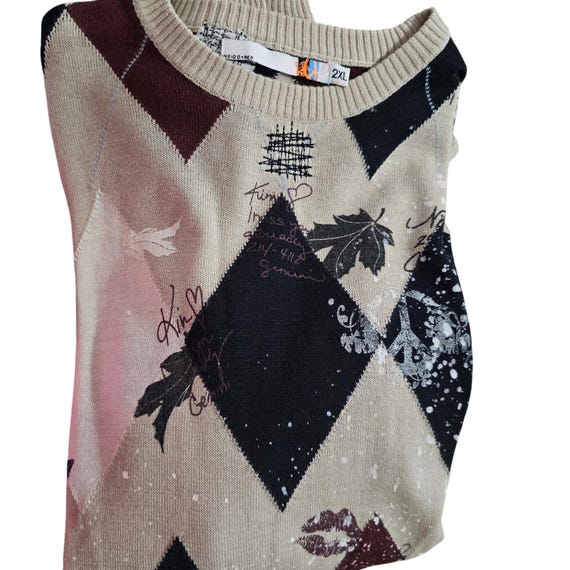 RETRO Argyle Patchwork Sweater 2XL Oversized Embr… - image 5