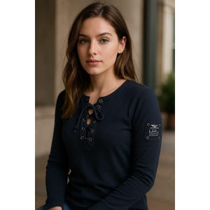 Lauren Ralph Lauren Jeans Co Navy Lace-Up Henley Shirt Vintage Inspired Style PM