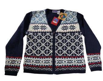Vintage 1960's Snowflakes Zip-up Cardigan Sweater, Slim Large