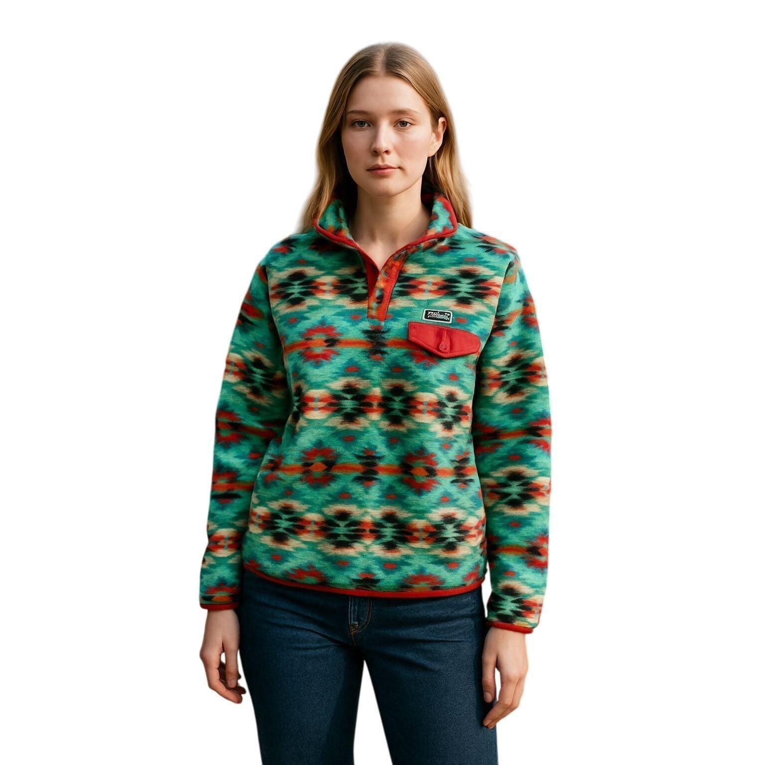 Patagonia Synchilla Retro Aztec Print Fleece Pullover Green Red