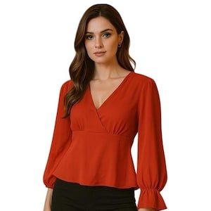 ICE Y2K Elegant Coral V-Neck Wrap Blouse - Flowy Long Sleeves M