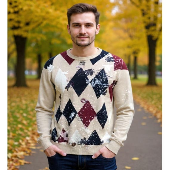 RETRO Argyle Patchwork Sweater 2XL Oversized Embr… - image 1