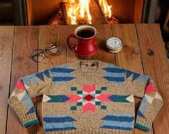 Suéter Polo Ralph Lauren Aztec Flower Intarsia nuevo sin etiquetas, talla S, corte holgado, para mujer, raro.