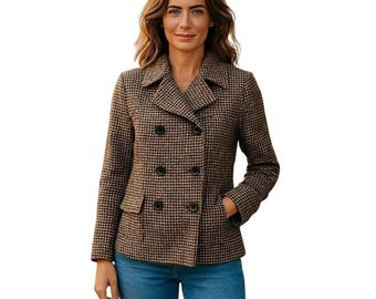Vintage Swandown Miron Double Breasted Tweed Blazer Brown Houndstooth Pattern M