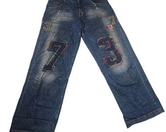 Pepe Jeans Wide Leg Denim Jeans Patched Distressed Blue Mens Size 40 Very Rare
