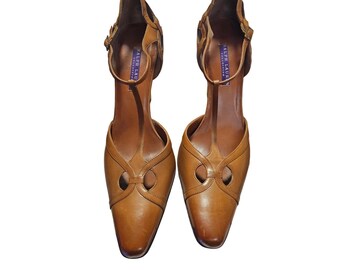 Ralph Lauren Collection Italy Tan Leder T-Strap Cut-Out Heels 8B 60740