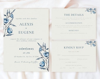 Puede incluir: Invitación de boda con diseños florales azules en acuarela. La invitación dice "Alexis + Eugene" e incluye la fecha "21/07/2025" y la hora "AT 5 PM". La invitación también incluye la dirección "123 Anywhere St., Any City, ST 12345" y la frase "cena y baile después".