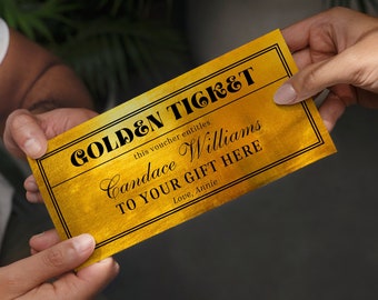 Plantilla de tarjeta de regalo de boleto dorado editable, boleto dorado de vale de regalo, descarga instantánea de vale de regalo de oro, plantilla de boleto sorpresa dorada