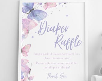 Butterfly Baby Shower Diaper Raffle, Pink Purple Diaper Raffle Sign Butterfly, Floral Shower Raffle Sign, Boho Baby Shower Sign Printable