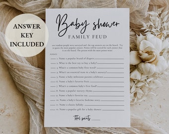 Baby Family Feud, Baby Shower Family Feud Imprimible, Juego de ducha minimalista, Juego Family Feud, Plantilla de juego editable e imprimible, GUION