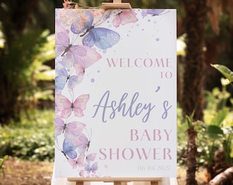 Butterfly Baby Shower Welcome Sign, Pink Purple Welcome Sign Butterfly, Editable Floral Shower Welcome Sign, Boho Baby Shower Sign Printable