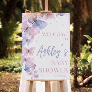 Butterfly Baby Shower Welcome Sign, Pink Purple Welcome Sign Butterfly, Editable Floral Shower Welcome Sign, Boho Baby Shower Sign Printable