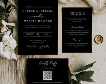 Black Wedding Invitation Suite, Editable Minimalist Black Wedding Invite Template, DIY Invitation Card Template, QR Code RSVP Card