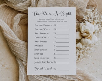 Puede incluir: Una tarjeta de juego imprimible blanca con el título "The Price Is Right" y una lista de artículos para bebés con espacios en blanco para escribir el precio. Las instrucciones del juego son "Adivina el precio de estos artículos para bebés. ¡Quien más se acerque al precio real gana!"
