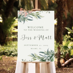 Modello di cartello di benvenuto per matrimonio in eucalipto, cartello di benvenuto modificabile verde, cartello di benvenuto per matrimonio unico, FORESTA