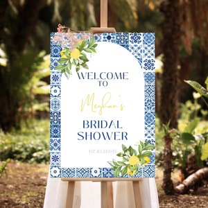 Blue Tiles Lemon Bridal Shower Arched Welcome Sign, Mediterranean Bridal Shower Welcome Sign, Italian Arch Bridal Sign Template, MEDIT