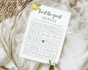 Find the Guest Bingo Lemon Theme Bridal Shower Game, Shower Bingo Printable, Minimal Bridal Bingo, Fun Bridal Game, Editable Template, MEDIT