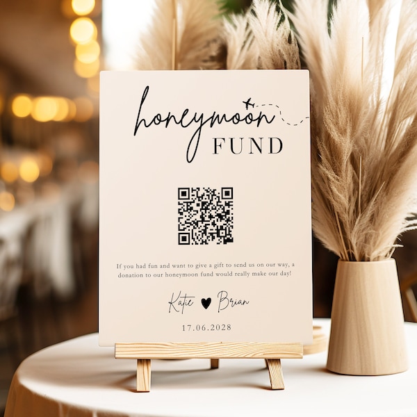 Honeymoon Fund Sign with QR Code, Honeymoon Fund, Wedding Cash Gift, Wedding Venmo Gift Sign, Minimalist Honeymoon Fund Card, Cash Gift Sign