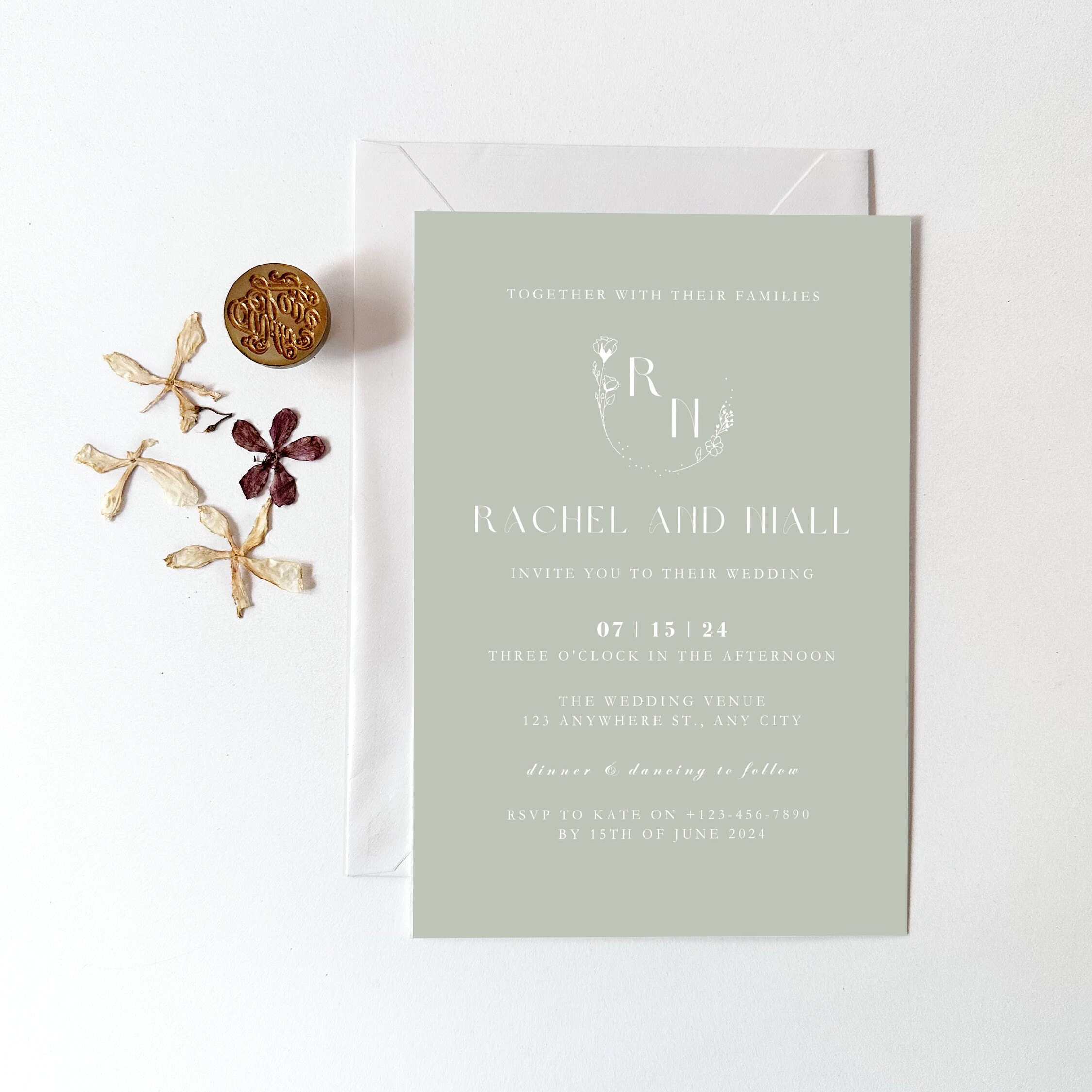 Sage Green Wedding Invitation Template, Editable Wedding Invite ...