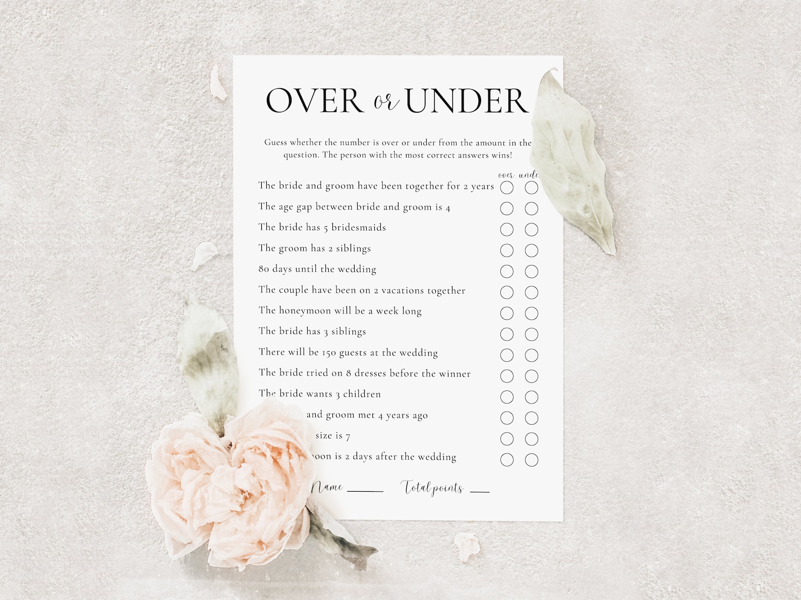 Over or Under Bridal Shower Game, Over or Under Game, Minimalist Trivia ...