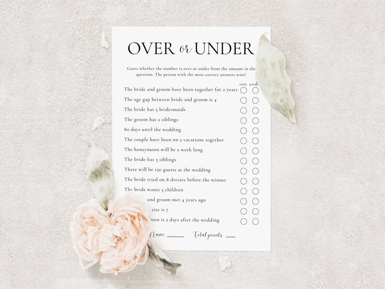 Over or Under Bridal Shower Game, Over or Under Game, Minimalist Trivia ...