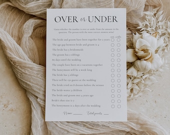 Over or Under Bridal Shower Game, Over or Under Game, Minimalist Trivia Bridal Shower Game, Printable Editable Game Template, SCRIPT