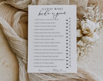 Puede incluir: Una tarjeta de juego imprimible con el texto "Adivina quién es la novia o el novio" y una lista de 15 preguntas sobre la novia y el novio. Cada pregunta tiene un círculo al lado para que los jugadores puedan marcar sus respuestas.