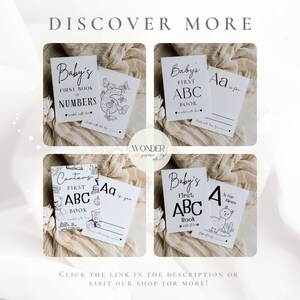 May include: Four printable baby book covers with black and white illustrations. The covers feature the text "Baby's First Book of Numbers", "Baby's First ABC Book", "Carter's First ABC Book", and "Baby's First ABC Book".