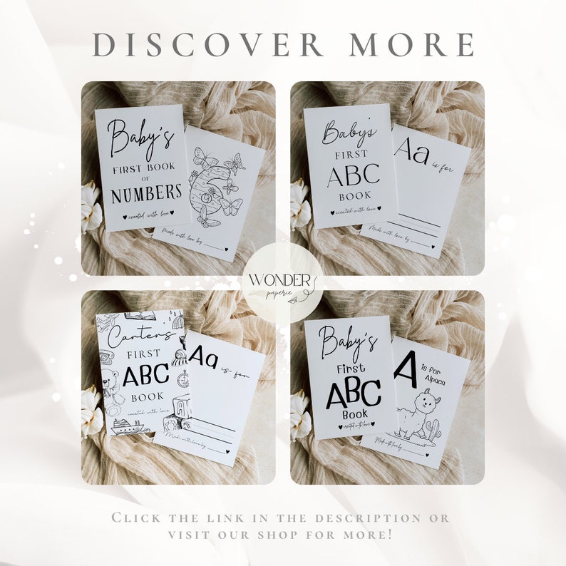 May include: Four printable baby book covers with black and white illustrations. The covers feature the text "Baby's First Book of Numbers", "Baby's First ABC Book", "Carter's First ABC Book", and "Baby's First ABC Book".