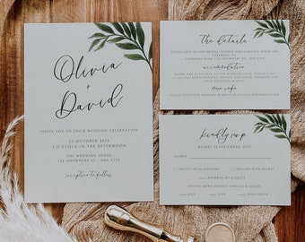 Greenery Wedding Invite Suite, Printable Wedding Invitation Template, Eucalyptus Wedding Invite Template, RSVP and Details, Edit on Canva