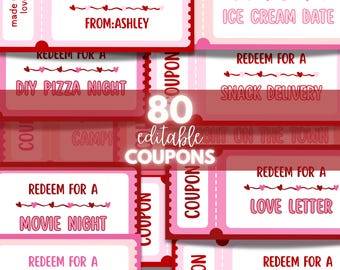 80 Valentine Love Coupons, Valentine Coupon Book Editable, Valentine Gift Coupons, Printable Love Coupons for Wife, Love Coupons for Her/Him